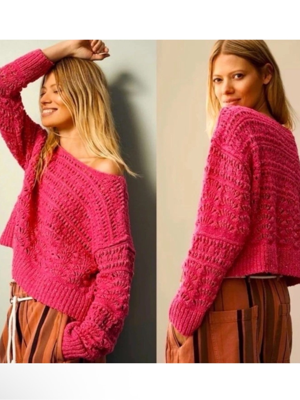 Anthropologie Pilcro Palmer Open Stitch Hot Pink Off-Shoulder Knit Sweater